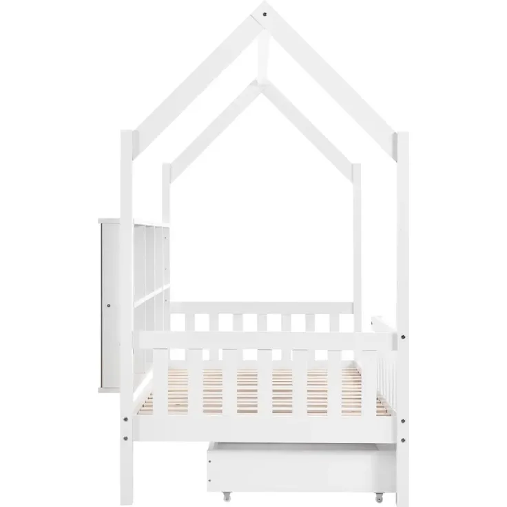 Kinderbett Hausbett mit Rausfallschutz, 2 Schubladen und Lattenrost, 90x200 cm, Einzelbett, Kiefer – Bild 8