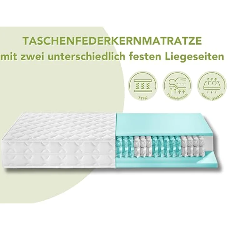 TB Furniture Dreamstar Ergo Flex TFK XXL Duo, Ergonomische 7-Zonen Wendematratze mit Taschenfederkern, 80 x 200 cm, 22 cm, H2 & H3, abnehmbarer Mikrofaserbezug, waschbar bis 60°C – Bild 4