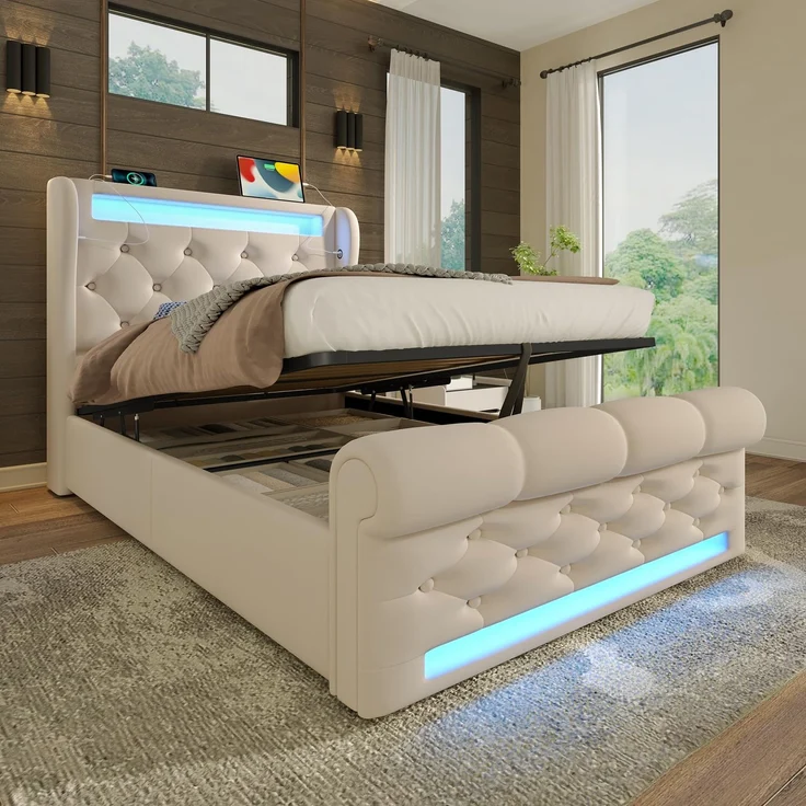 FAVSH Polsterbett 90x200cm, Einzelbett aus Samt mit LED-Beleuchtung und Stauraum, mit USB-Typ-C-Anschluss am Kopfteil, Hydraulisches Stauraumbett für Jugendliche und Erwachsene, Beige (ohne Matratze)