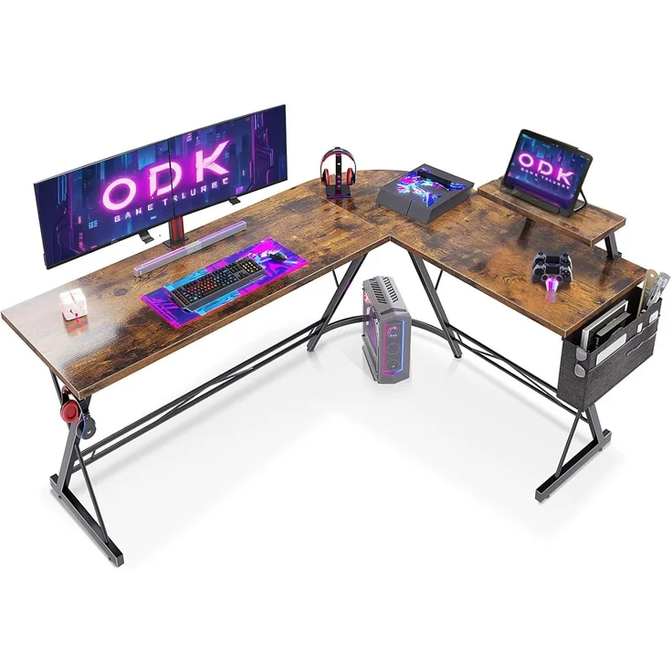 ODK Gaming Tisch, Computertisch, Gaming Schreibtisch mit runder Ecke, Gaming-Tisch mit Monitorablage (Weinlese, 167x120 cm) – Bild 1