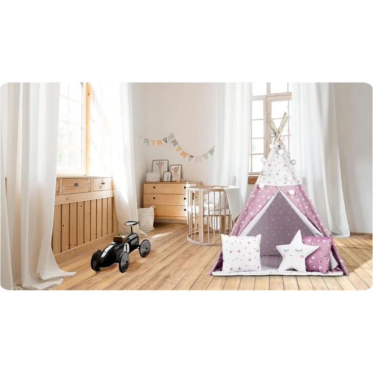 NUKIDO Kindertipi im Montessori-Stil Baumwolle und Holzrahmen mit Isoliermatte 3 Kissen Girlande Luftig 120 x 120 x 165 cm Rosa mit Sternen – Bild 10