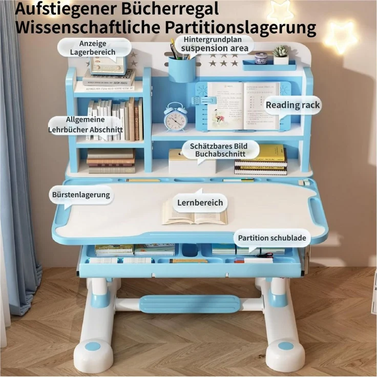 Rutaqian Kinderschreibtisch Kinderschreibtischstuhl mit Bücherständer,Höheverstellbar 65 und 71cm (Schreibtisch Mädchen ab 6 jahren, 1-St, ergonomischer Kids Schreibtisch und Stuhlset für Kinder), mit Stuhl & Schublade,Kinder Schüler Schreibtisch für J... – Bild 4
