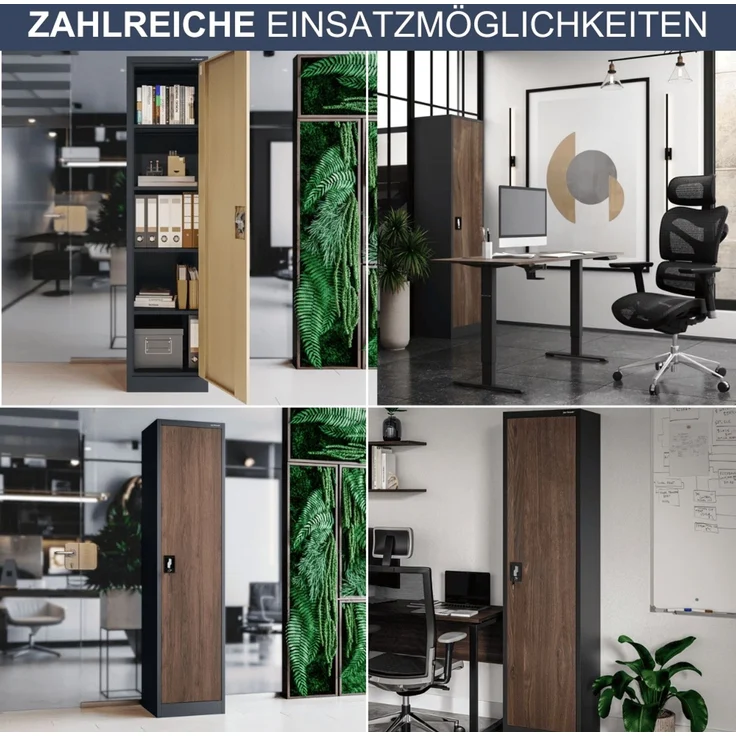 Aktenschrank abschließbar KADO - 5 Ebenen verstellbar, Flügeltüren | Metallschrank Werkstatt Mehrzweckschrank Büroschrank aus Stahl Werkzeugschrank, 185x45x40cm Anthrazit-Nussbaum – Bild 6