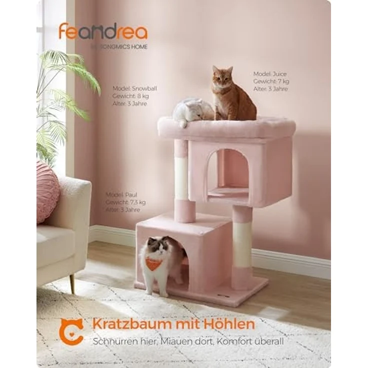 Feandrea Kratzbaum, 101 cm Katzenbaum, XL, Katzenhaus für extra große Katzen bis zu 20 kg, große Plattform, 2 Katzenhöhlen, Sisalstämme, pastellrosa PCT614P01 – Bild 2