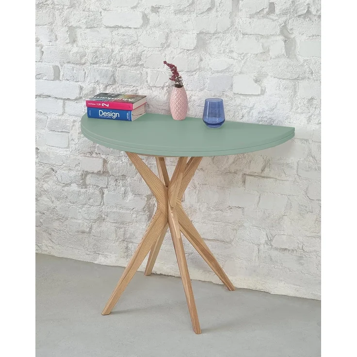 Ragaba kleiner halbrunder Esstisch, MDF & Massives Eschenholz, 100x50 cm, Salbei Grün – Bild 2