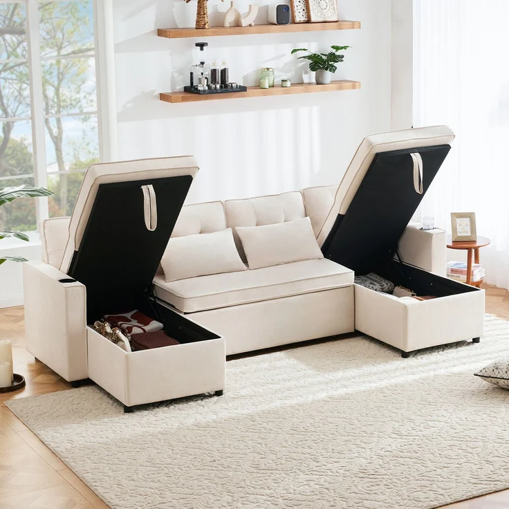 U-förmiges Schlafsofa Baumwoll-Leinen Beige, 270x130x86 cm, mit Stauraum & Getränkehalter – Bild 4
