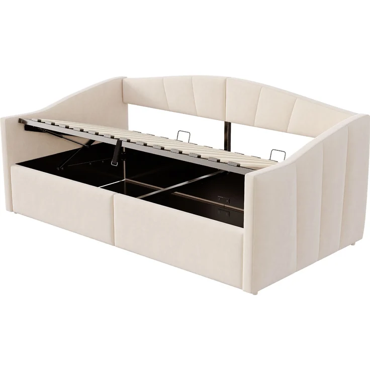 Polsterbett Schlafsofa, Samt mit Stauraum & Lattenrost, 90x200 cm, Beige, ohne Matratze – Bild 9