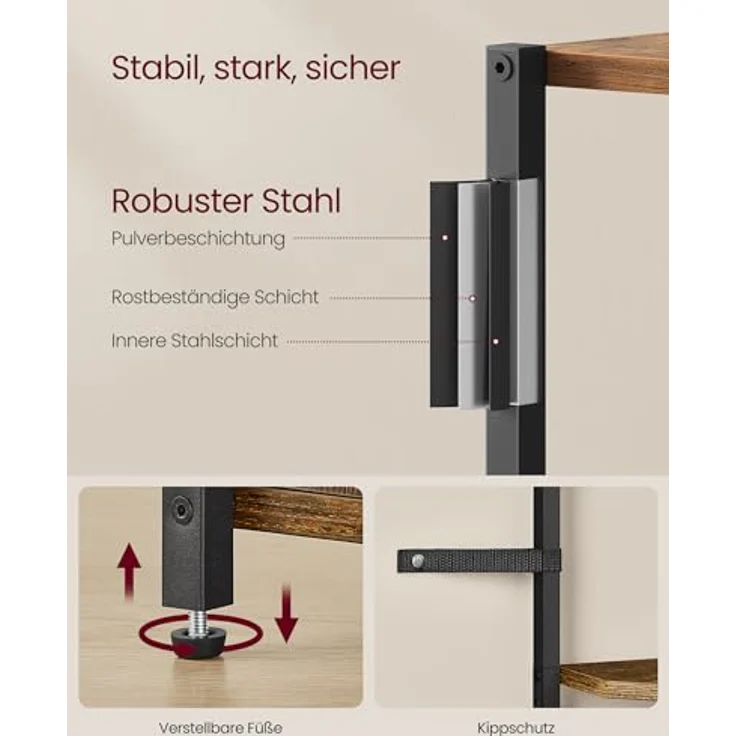 VASAGLE Eckregal mit Stauraum, Standregal, Aufbewahrungsregal mit 5 Ebenen, Regal, für Wohnzimmer, Schlafzimmer, Küche, Badezimmer, vintagebraun-tintenschwarz LBC580K01 – Bild 7