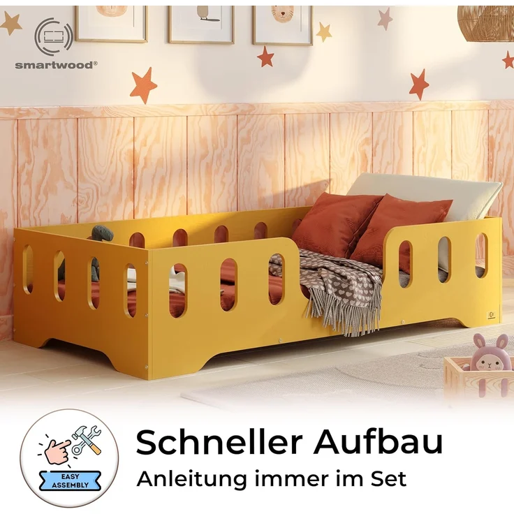 smartwood Kinderbett Bodenbett 70x160 mit Rausfallschutz & Lattenrost - Senfgelb - Kinder Montessori Bett TILA 2 mit glatten Kanten - Betten für schnelle Montage - Bis 230 kg belastbar – Bild 4