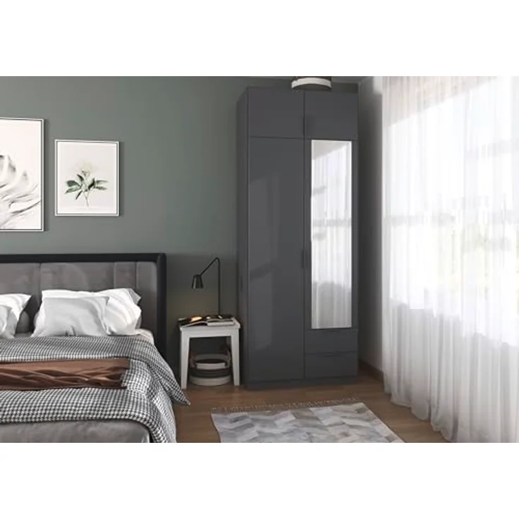 Rauch Möbel Lagoa, Kleiderschrank, Garderobe für Schlafzimmer, Kinderzimmer, Jugendzimmer 4-türig, mit Spiegel, 2 Schubladen, Farbe Grau metallic, Schwarz, Breite 91 – Bild 3