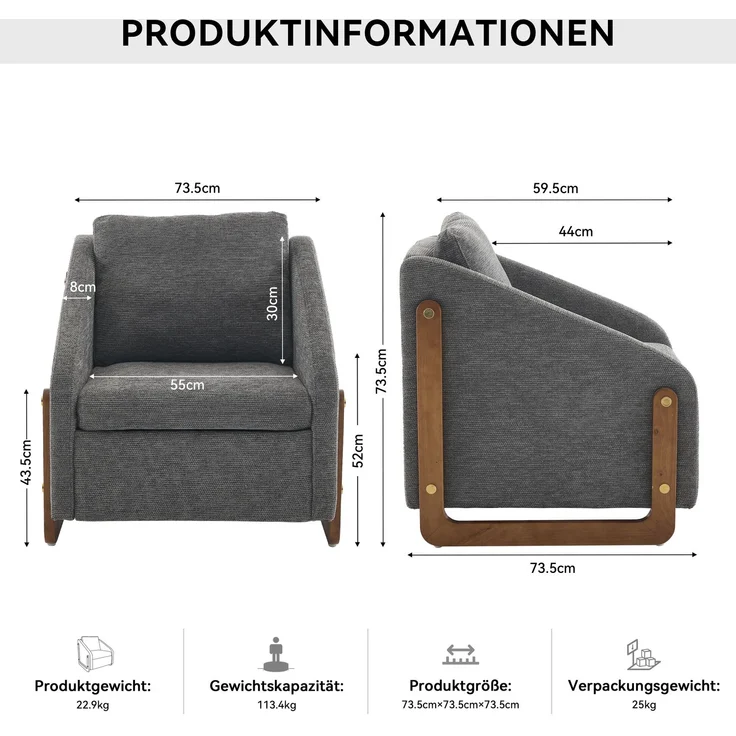 Chenille-Grau Loungesessel mit Holzarmlehnen, ergonomischem Design, kompakter Größe & hoher Belastbarkeit – Bild 9
