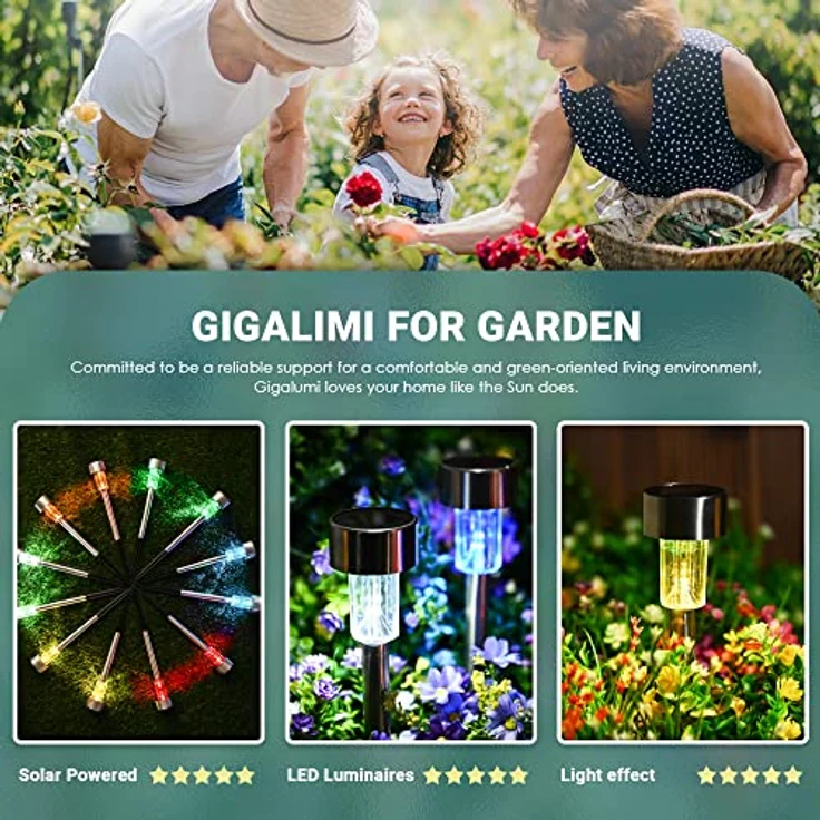GIGALUMI Solarlampen für außen, Solarleuchten für Garten, 12 Stück, wasserdichte Solar Gartenleuchten für außen Garten, Balkon, Terrasse, Festtage, Wege (6 Farben) – Bild 3