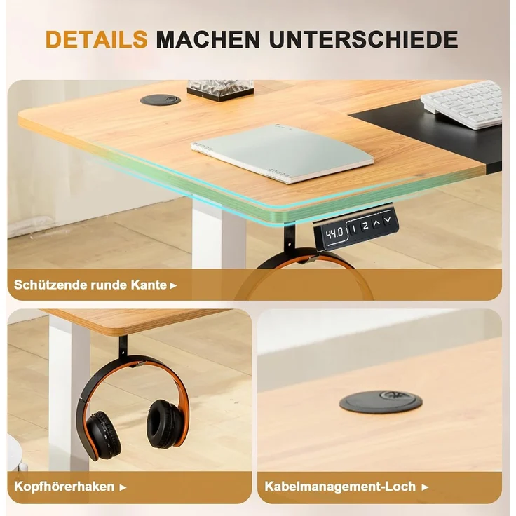 COMHOMA Höhenverstellbarer Schreibtisch 140x60 cm mit USB-Buchse und Haken, Elektrisch Verstellbarer Computertisch, Steh-Sitztisch Stehpult Stehschreibtisch braun – Bild 7