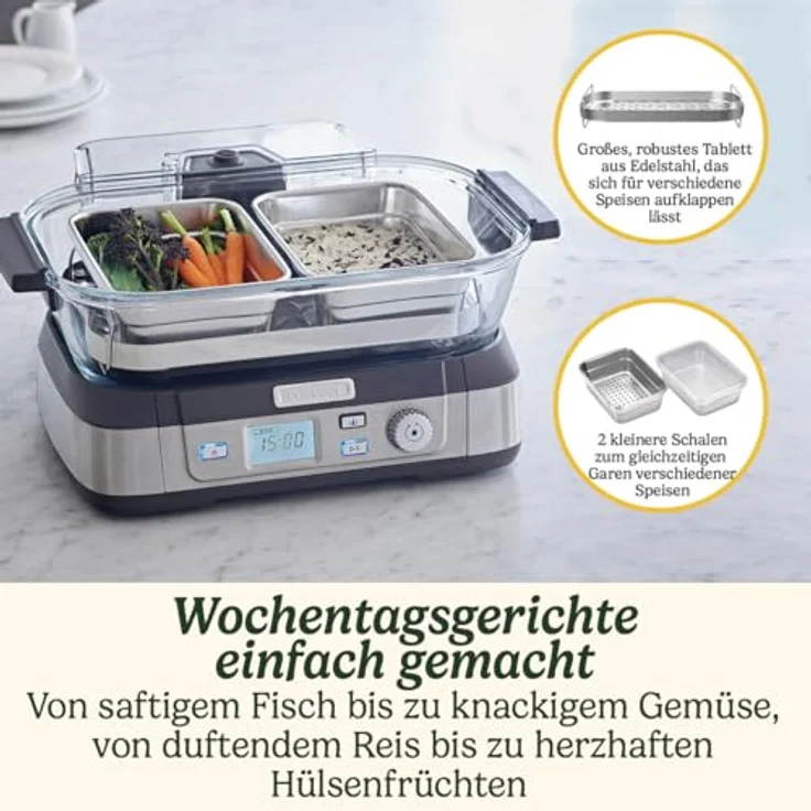Cuisinart STM1000E Dampfgarer aus Glas, mit vorinstallierten Programmen, Warmhaltefunktion, Silber/Schwarz, Edelstahl – Bild 4