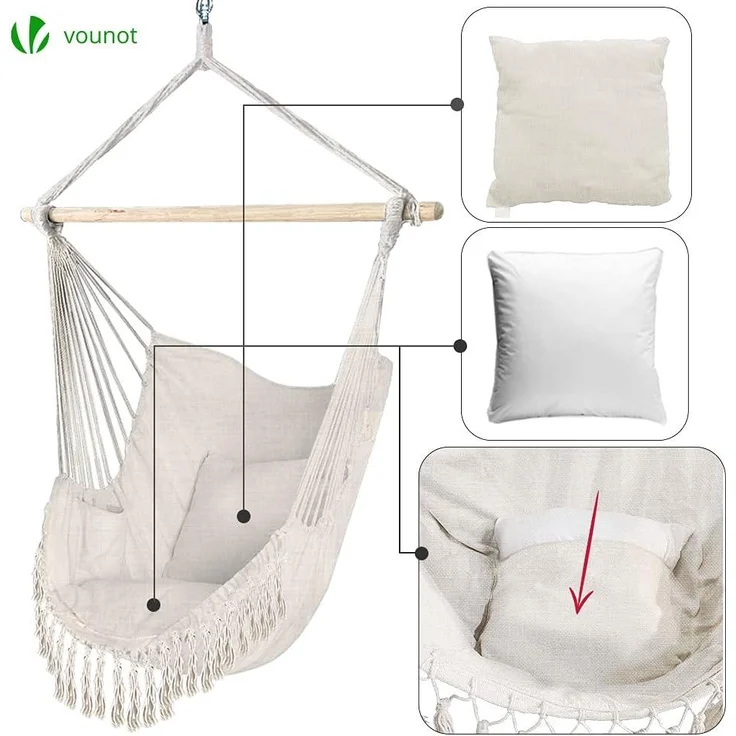 VOUNOT Hängesessel mit 2 Kissen & Bücherfach, Hängestuhl XXL Hängematte Hängeschaukel für Indoor Outdoor Garten, Beige – Bild 6