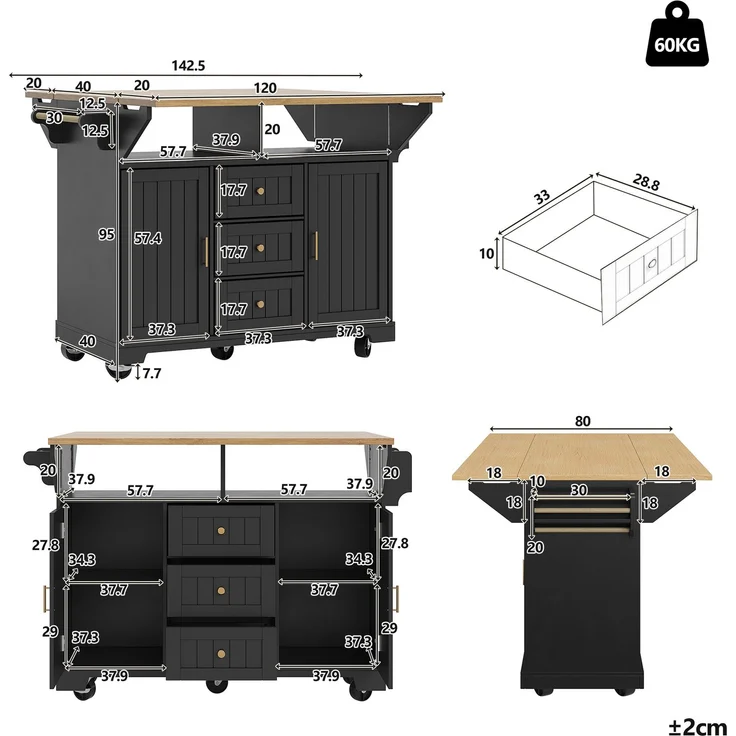 Kücheninsel, Schrank, Buffetschrank 120 x 40 (80) x 95 cm, ausziehbarer Küchenwagen mit Rollen, beidseitig ausziehbar, mit Handtuchhalter und Gewürzregal, zwei Türen, drei Schubladen, schwarz/weiß – Bild 5