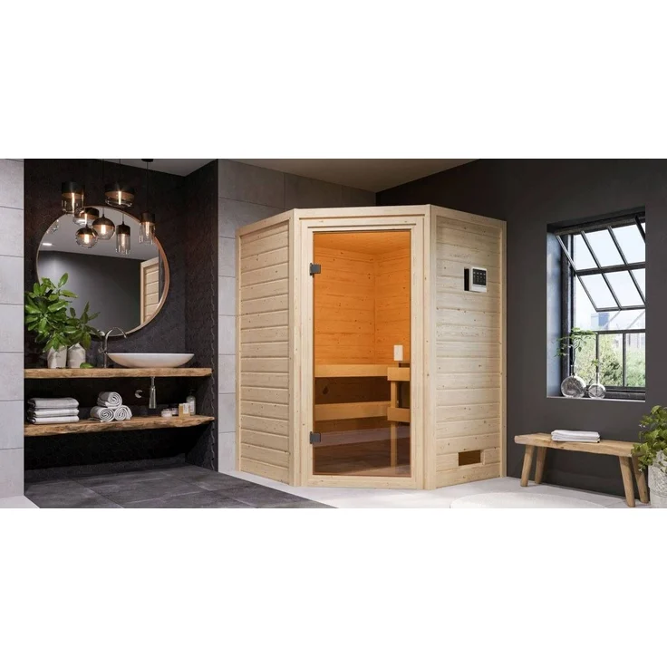 Karibu Ecksauna Antonia + 9kW BIO-Kombiofen mit ext. Steuerung Easy – Bild 3