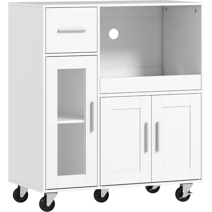 EINHOM Küchenschrank auf Rädern, Mobile Küchenkommode mit Ablagen, Schubladen, Verstellbarem Regal, Kabelloch, Weiß