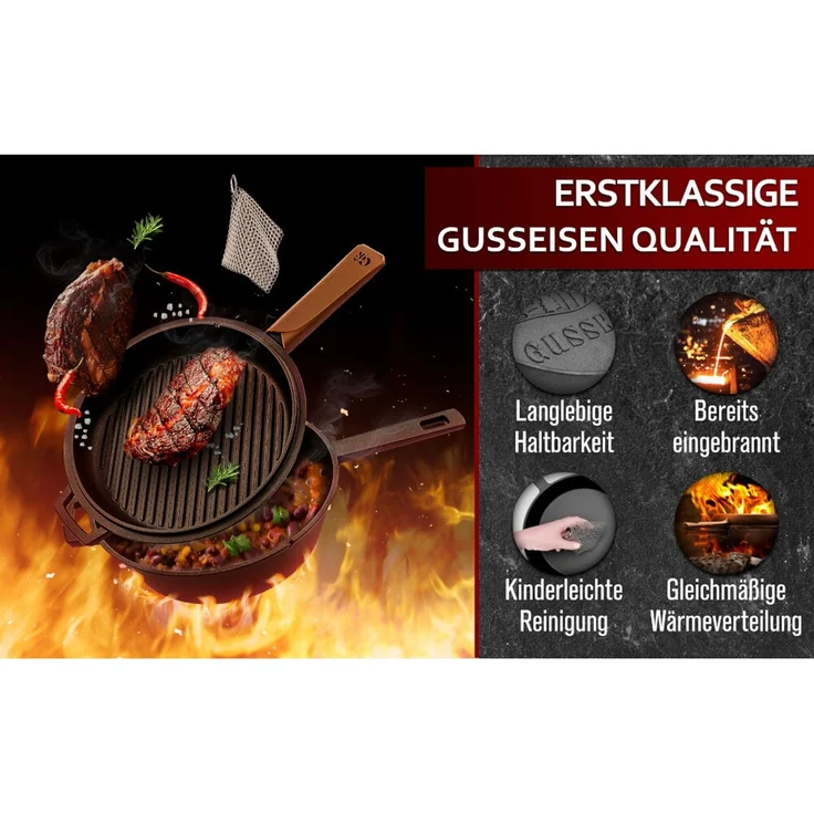 2in1 Casserole 3,6 l aus Gusseisen – Topf & Pfanne in einem, mit Ledergriff & Ringreiniger, eingebrannt, für Induktion, Grill & Backofen – Bild 7