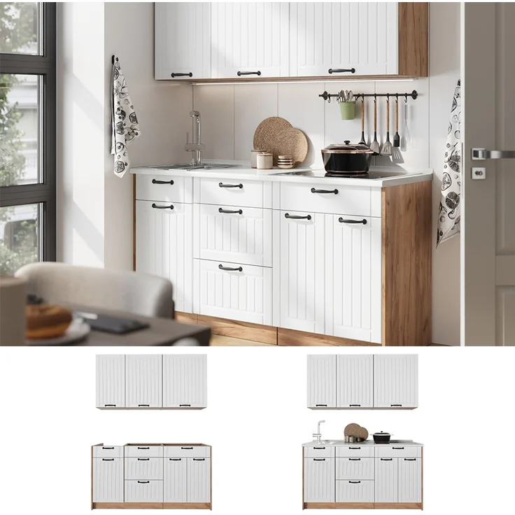 Singleküche Fame-Line Weiß Landhaus/Goldkraft Eiche 150 cm, AP Eiche Vicco – Bild 3