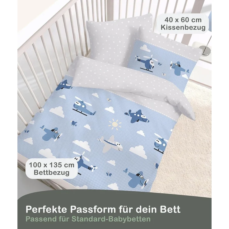 LINKHOFF Babybettwäsche Kleinkinder Bettwäsche 135x100 + Kissen 60x40cm - Flugzeuge Blau, 100% Baumwolle, Flanell Biber Bettwäsche – Bild 2