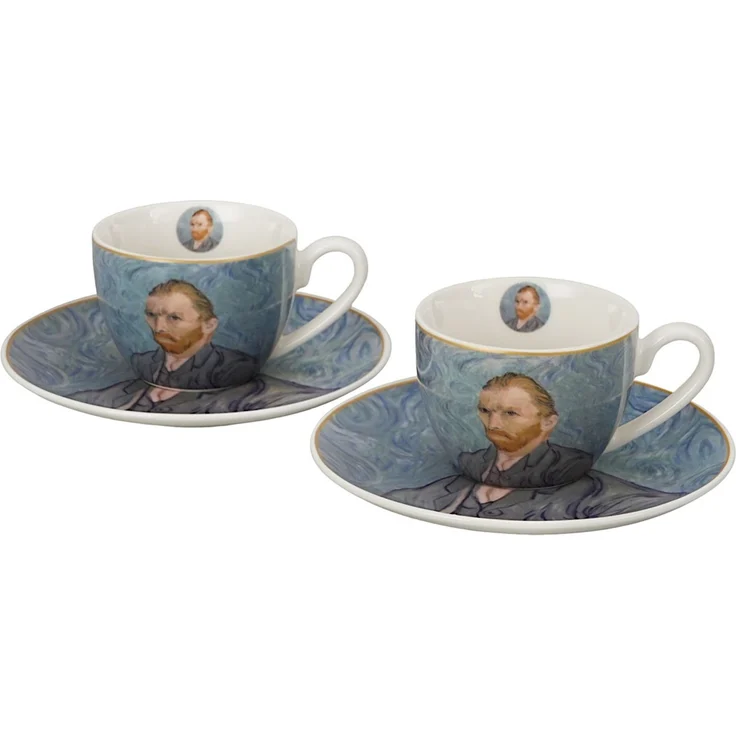 DUO ART GALLERY 2er-Set Espressotasse mit Untertasse PORTRAIT OF Van Gogh, New Bone China Porzellan – Bild 1