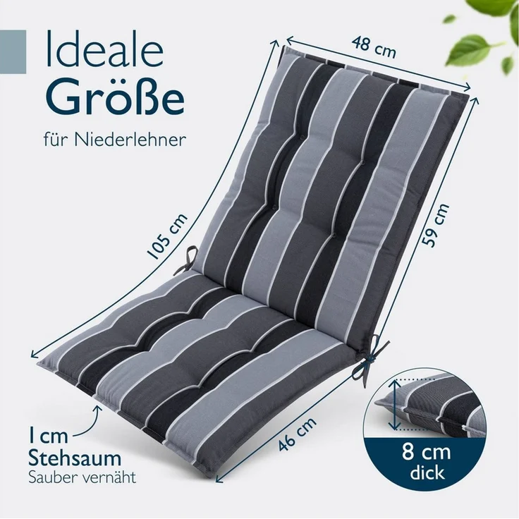 Beautissu Sitzauflage 2er Set Niedriglehner Auflage Sun-NL 100x50x8cm Anthrazit-Gestreift, 8cm Dicke Gartenstuhlauflage mit Befestigung UV-Lichtechtheit 5 – Bild 2