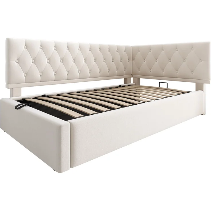 Polsterbett 90x200 cm aus Samt mit hydraulischem Stauraum – L‑förmiges Daybed, beige – Bild 10