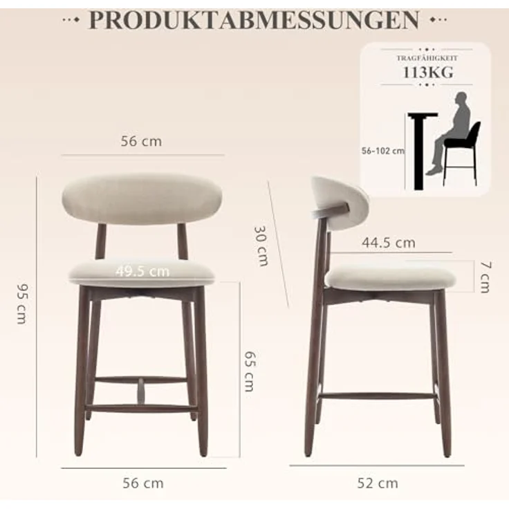 COLAMY Barhocker 2er Set, Tresenhöhe, Küchenhocker mit Rückenlehne, gepolstert im Mid-Century-Modern-Stil, mit Holzbeinen für Kücheninsel und Esszimmer, Beige – Bild 2