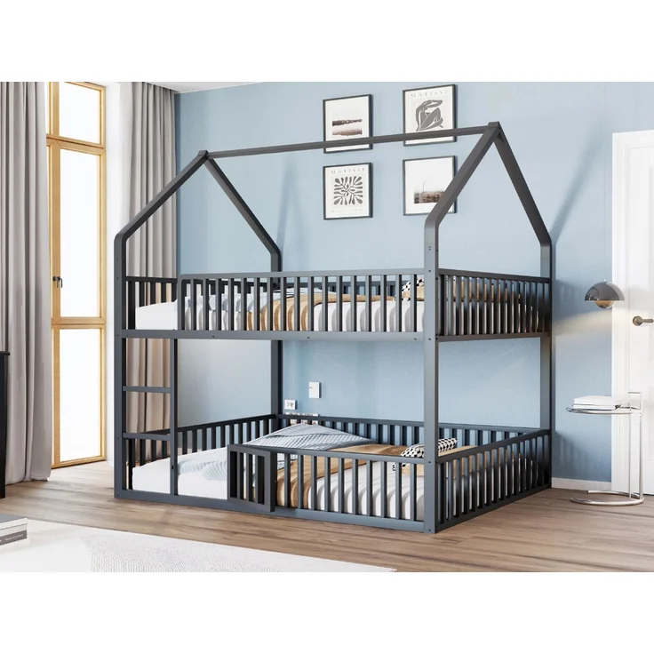 Bett 140x200 cm in Hausform aus Metall mit Tür und Sicherheitsgeländern – kindgerechtes Etagenbett – Bild 5