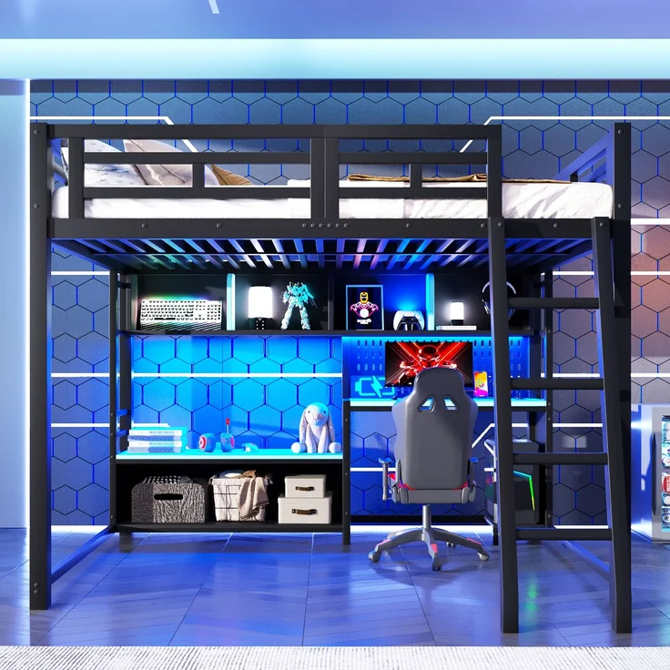 140x200 Metall Etagenbett mit Schreibtisch im Gaming-Stil, LED-Beleuchtung und Aufbewahrungsregalen, Schwarz+Blau – Bild 1