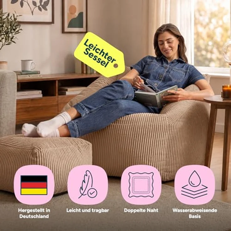 Icon Natalia Sitzsack Sessel mit Hocker für Erwachsene, Mokkabraun, Flauschiger Cord Stoff, Riesen Sitzsack Cord mit Füllung, Bean Bag Chair, Bequemer Sessel Wohnzimmer, Lounge, Schlafzimmer, Büro – Bild 4