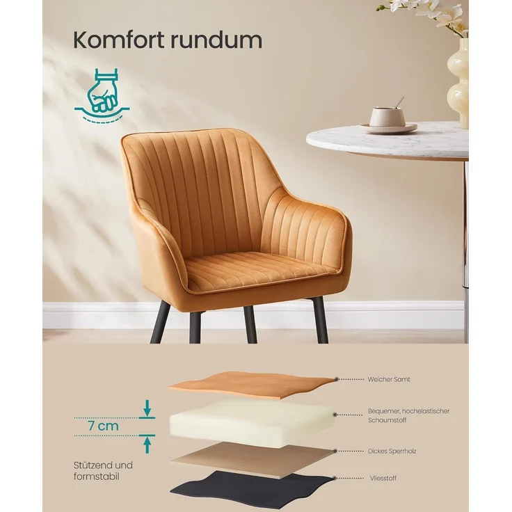 SONGMICS Esszimmerstuhl, Küchenstuhl, Sessel, Samt, Polsterstuhl mit Armlehnen, Loungesessel, bis 120 kg belastbar, Metallbeine, für Esszimmer, Küche, karamellbraun-tintenschwarz LDC087K01 – Bild 6