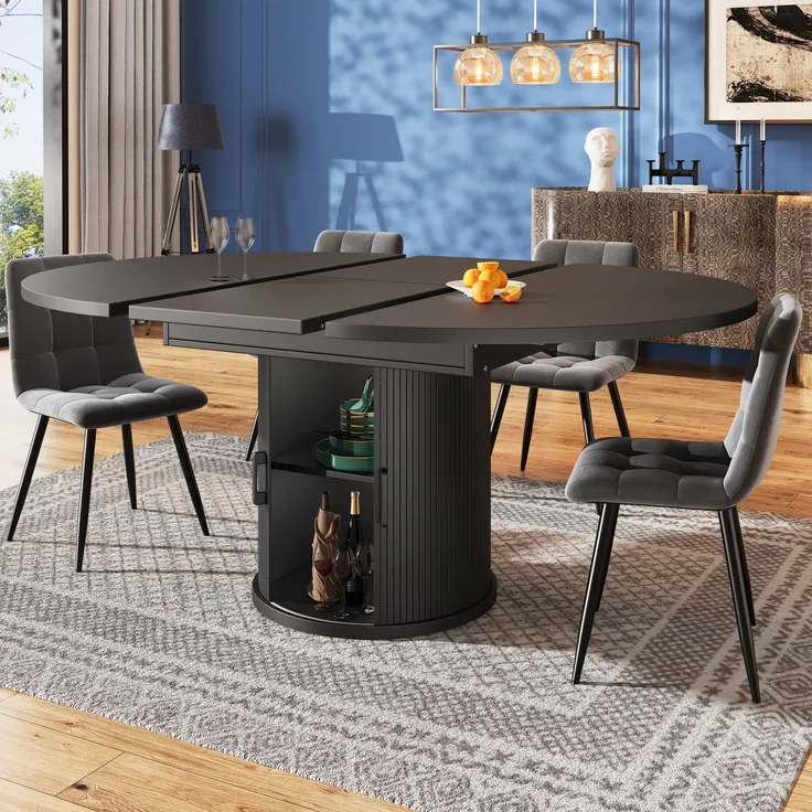 Merax Esstisch ausziehbar, Esszimmertisch, Küchentisch, balkontisch, ausziehbare Tischplatte Runder Esstisch, ausziehbar zu oval, 118-158 cm, Platz für bis zu 6 Personen, Schwarz