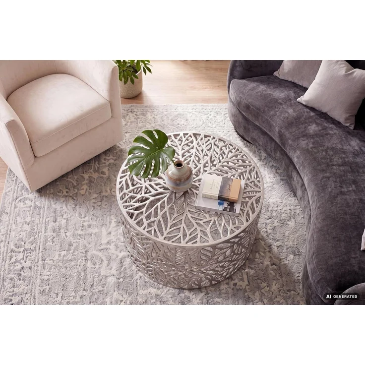 Couchtisch Aluminium Silber 60cm Rund Sofatisch Metall - Wohnzimmertisch Alu modern mit Blattmuster - Design Tisch niedrig - Loungetisch Beistelltisch Handgefertigt – Bild 5