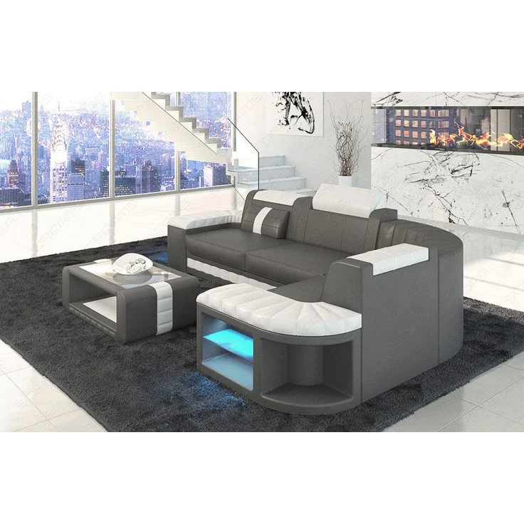 Mini Designersofa Leder Bergamo mit LED - Ledermix - Grau-Weiß - Rechts – Bild 3