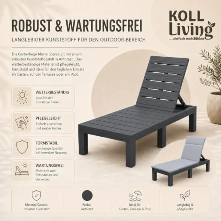 Koll Living Gartenliege 'Miami', UV- und wetterbeständig, Kunststoff in Anthrazit mit grauer Auflage, 187 cm Länge – Bild 4