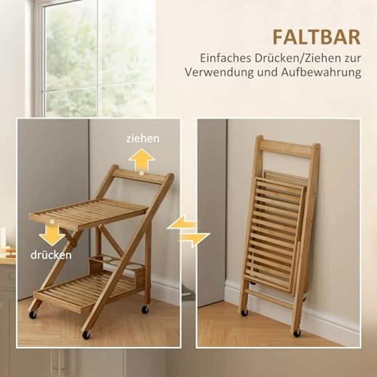 HOMCOM Servierwagen Küchenwagen mit Weinregal, Arbeitsplatte, 2 Ebenen, (Rollwagen, 1 St, Küchenwagen), für Büro, Küche, Wohnzimmer, 66 x 40 x 70 cm, Bambus, Natur – Bild 4