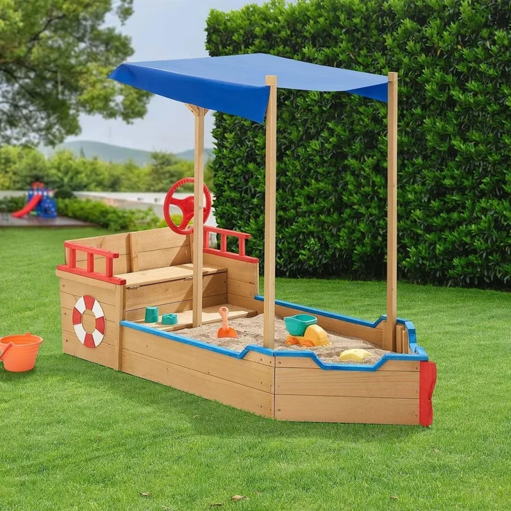 Juskys 'Käpt’n Pit Piratenschiff' Sandkasten mit Dach & Sitzbank, Holz natur, 70 x 160 x 120 cm – Bild 2