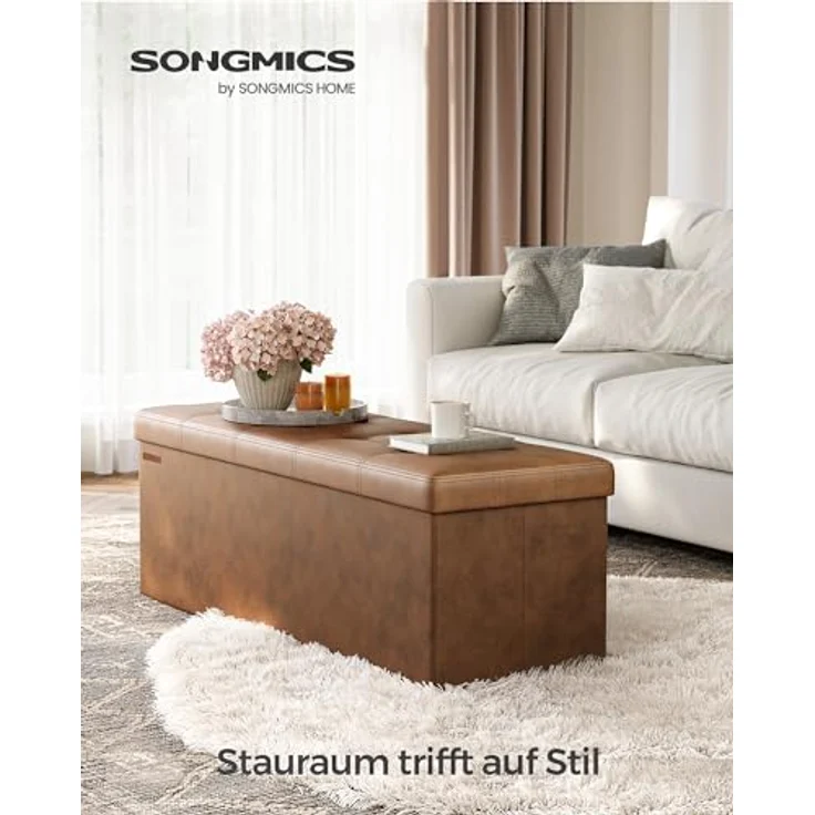 Songmics 110 cm Sitzbank mit Stauraum, Sitztruhe, Aufbewahrungsbox, Fußhocker, faltbar, gepolstert, Bezug aus PU, bis 300 kg belastbar, kaffeebraun LSF070K01V1 – Bild 5