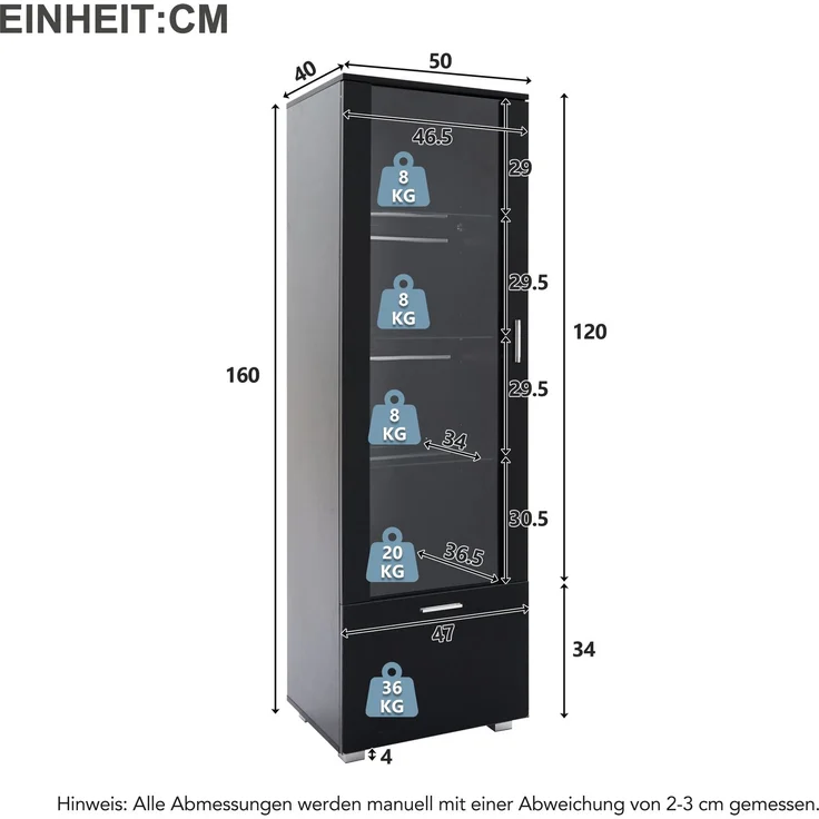 Schwarze Hochglanzvitrinen mit Acryltür, LED-beleuchtete Acryl-Vitrine, Vitrinen für Sammlerstücke, Parfümschränke, Bücherregale und Acryl-Vitrine mit schwarzen Hochglanztüren (3 Fachböden)--Schwarz--40x50x160cm--YOUDENOVA – Bild 9