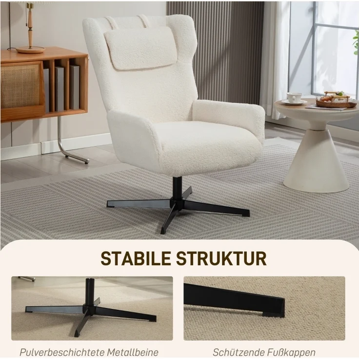 Loungesessel drehbar mit Sherpa Bezug und Kopfstütze, Lesesessel Ohrensessel mit Schienenarmen und Metallbeinen, 102 x 74 x 86.5 cm, Cremeweiß – Bild 4
