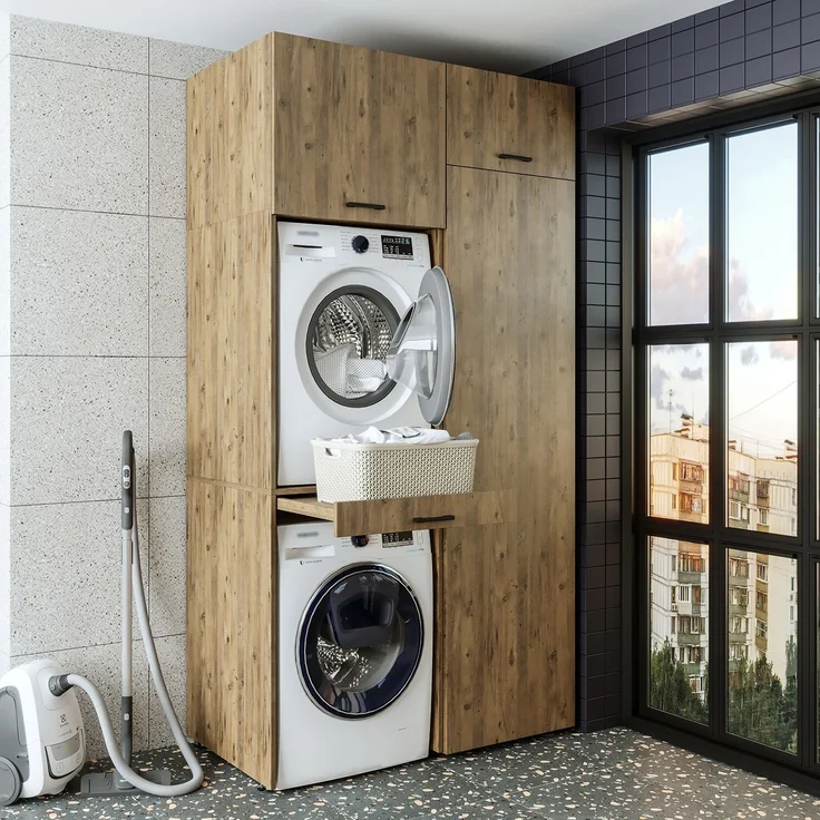 Roomart Waschmaschinenschrank & Trocknerschrank – SERIE DUO-I- 127 cm breit - Trockner auf Waschmaschine – Waschturm / Überbauschrank für Waschküche & Hauswirtschaftsraum • Eiche – Bild 1
