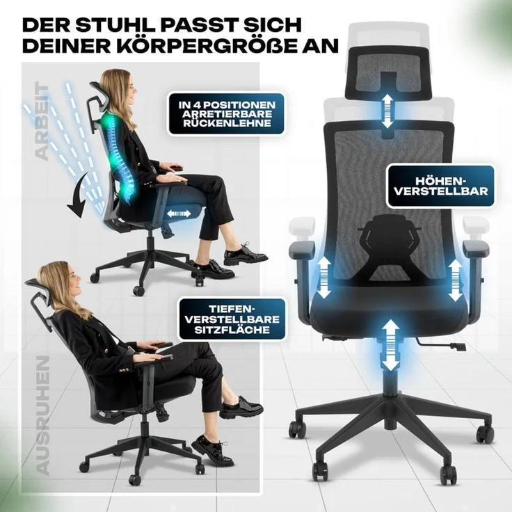 VALKENSTOL M3 KOMFORT Bürostuhl ergonomisch - 5 Jahre Garantie - Schreibtischstuhl tiefenverstellbare Sitzfläche - Armlehnen - extra bequem – Bild 8
