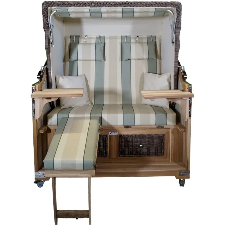 Strandkorb Teak XL grün / beige 2½ Sitzer Voll-Liegemodell – Bild 2