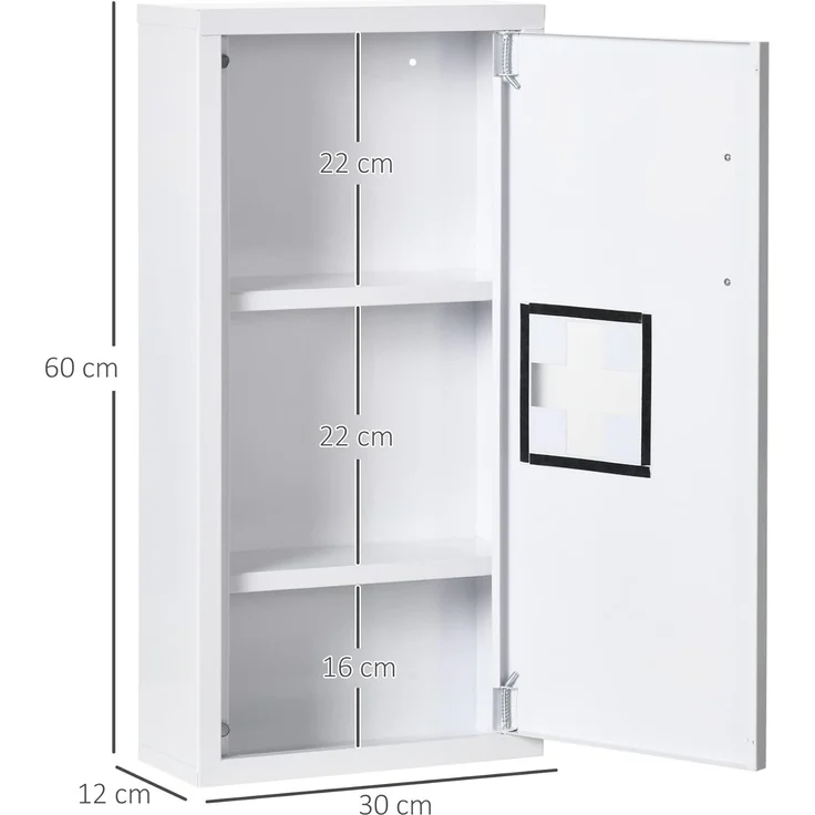 Kleankin Medizinschrank Apothekerschrank, Arzneischrank mit 3 Innenfächern (Medikamentenschrank, 1-St, Erste Hilfe Schrank) Stahl, Weiß, 30 x 12 x 60 cm – Bild 3