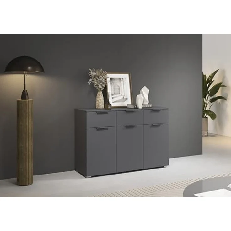 Rauch Möbel Alabama, Kommode für Schlafzimmer, Kinderzimmer, Garderobe, Flur, 3-türig, mit 3 Schubladen, Soft-Close-Funktion, Farbe Grau metallic, Schwarz, Maße 120x81x42cm – Bild 2