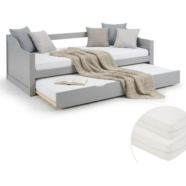 Gästebett Holzbett 90x200 cm mit 2 Matratzen Grau Tagesbett ausziehbar Jugendbett Ausziehbett Funktionsbett – Bild 1