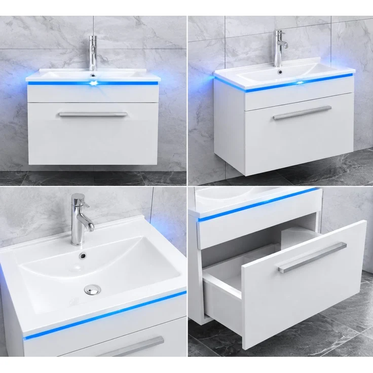Faizee Home Badmöbelset 60 cm Hochglanz inkl. Keramik-Waschbecken, LED-Spiegel & Soft-Close – Bild 8