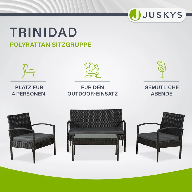 Juskys Polyrattan Gartenmöbel-Set Trinidad – Balkonmöbel-Set mit Tisch, Sofa & 2 Stühlen – Sitzgruppe für 4 Personen Schwarz mit Auflagen Dunkelgrau – Bild 2